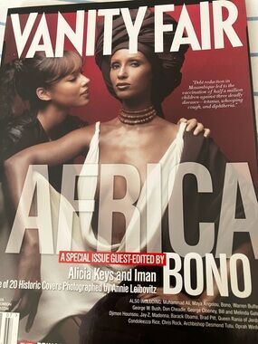 Vanity Fair red and white cover featuring portrait of Iman & Alicia Keys